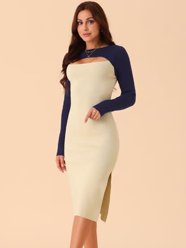 Image of Seta T Women's Long Sleeve Crew Neck Stretch Slim Cutout Color Block Ribbed Knit Bodycon Midi Sweater Dress X-Large Dark Blue-Beige