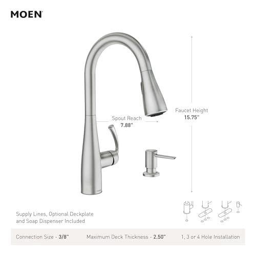 Moen Essie Spot Resist Stainless Pulldown Sprayer Kitchen Sink Faucet Set with Modern Pump Soap Dispenser, 87014SRS image 3