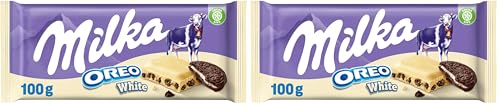 Milka Oreo Tableta de Chocolate Blanco con Trozos con Galleta Oreo y Relleno de Vainilla, 100 g (Paquete de 2)