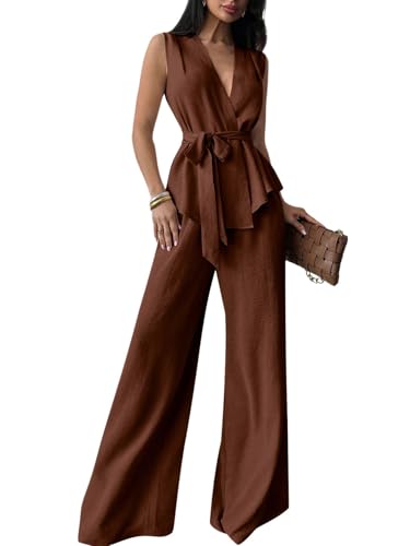 Verdusa Women's 2 Piece Old Money Clothes Tie Waist Wrap Vest with Dress Pants Clothing Sets Brown Small