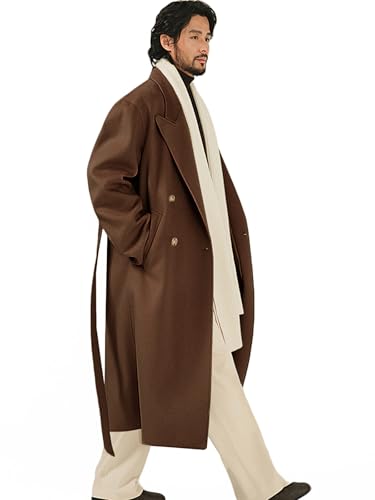 VENNYNG Men's Double Breasted Long Trench Coat Peak Lapel Two-button Solid Color Windbreaker Outwear Overcoat with Belt