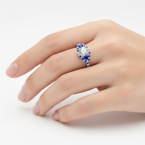 Image of 55Carat Choose Your Gemstone Delicate 3 Stone Halo Diamond CZ Ring Sterling Silver Round Shape Halo Engagement Rings Everyday Jewelry Wedding Jewelry Handmade Gifts for Wife US Size 4 to 12