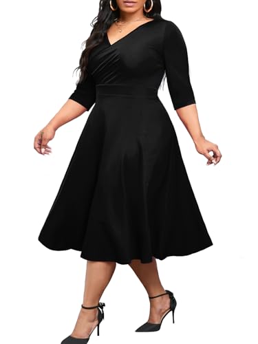 Image of Plus Size Dresses for Women A-Line V-Neck Swing Flowy 3 /4 Sleeve | 3 /4 sleeve,v neck,pockets,casual,cocktail,wedding,holiday,home,work,date party,vacation,outdoor