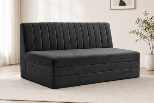 Image of Three Seater Sofa Bed, Velvet Fabric Foldable Sofa Cum Bed with Soft Foam Cushioning, Convertible Floor Couch for Living Room, Guest Room & Home Use (Black, Pre-Assembled)