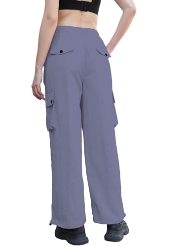 Image of Cromoncent Womens High Waist Parachute Pants Y2K Cargo Trousers with Pockets, Purple Gray, XXL