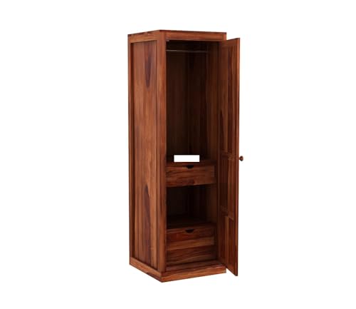 Image of Sheesham Wood Wooden Single Door Wardrobe Organizer for Clothes | - Solid Wood Almirah with 2 Drawers, 2 Shelves with Hanging Space - Cupboard for Large Bedroom, Natural Finish