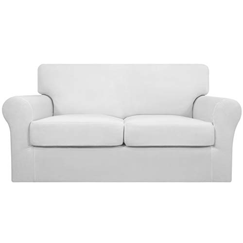 Image of Easy-Going 3 Pieces Stretch Soft Couch Cover for Dogs - Washable Sofa Slipcover for 2 Separate Cushion Couch - Elastic Furniture Protector for Pets, Kids (Loveseat, Snow White, Medium) | Sofa Slipcover for Stretch 2 Separate Sectional Cushion Couch - Furniture Protector for Pets, Kids Snow White