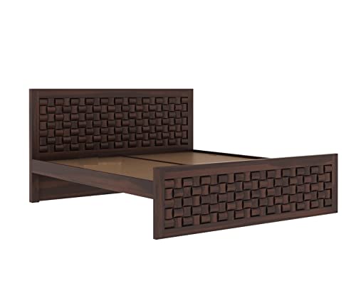 Image of Sheesham Wood King Size Bed Without Storage | Wooden Bed King Size Double Cot Palang Bed for Bedroom | Niwar Design Headboard Bed for Living Room | Walnut Finish