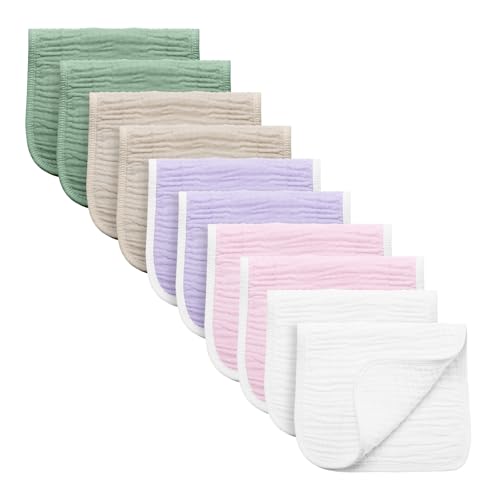 Image of Synrroe Burp Cloths Large, Muslin Burp Cloths for Baby Girls and Boys, Pack of 10 Extra Absorbent and Soft Muslin, 6 Layers 20 by 10 Inches 100% Cotton (Mix 10 Pack Pink Green)