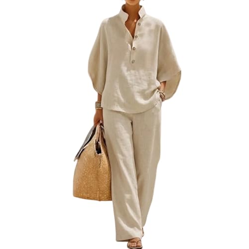 KGKQHKQ Cotton Linen Sets for Women 2 Piece Batwing Sleeve V Neck Button Shirts and Wide Leg Pants Set Casual Outfit