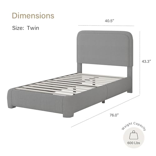 Image of BarnFurin Twin Size Bed Frame, Boucle Upholstered Platform Bed Frame with Headboard, Soft Rounded Corners, No Box Spring Required, Non-Slip and Noise-Free, Easy Assembly, Light Grey
