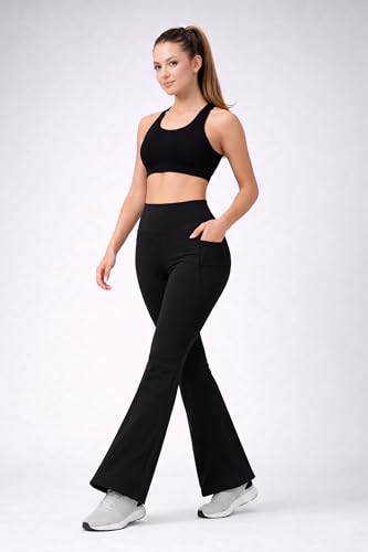 Image of Women's High Waist Bootcut Yoga Pants with Side Pockets | Flared Gym Leggings for Women | Stretchable Workout Bell Bottom Tights for Yoga, Gym, Running & Casual Wear Pack of 2