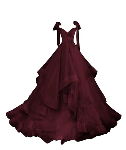CWOAPO V Neck Ruffle Tulle Prom Dresses Plus Size Burgundy