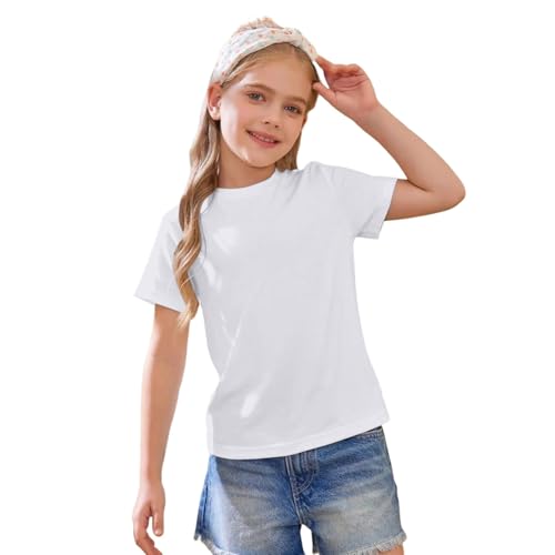 Camiseta de algodón de manga corta para niñas, cuello redondo liso, camiseta básica para niños, camiseta atlética, camiseta informal ligera y suave, blanco, 12-13 años