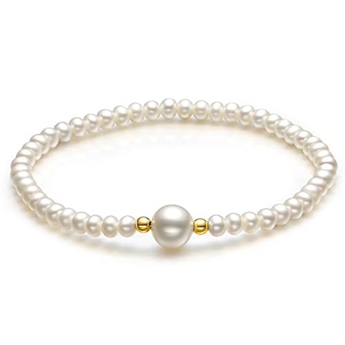 18K Gold Pearl Bracelets for Women 4.5mm Freshwater Pearls Stretch Beaded Bracelet AAA+ Quality White Pearl with 18K Real Gold Beads Dainty Jewelry for Her X199040 16/17/18/19cm