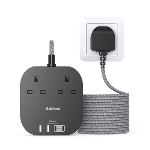 Addtam 3M Extension Lead with USB Slots, Power Strips with 2AC Outlets 4USB