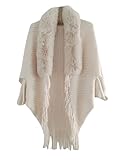 Verdusa Women's Faux Fur Collared Poncho Sweater Chunky Knit Fringe Shawl Wraps Beige One-Size