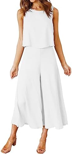 ROYLAMP Women's Summer Two Piece Outfits Round Neck Crop Basic Top Cropped Wide Leg Pants Set Jumpsuits White S