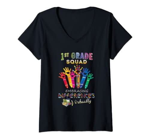Mujer Aprendizaje Virtual Online Escuadrón de 1er Grado Autismo Profesor SPED Camiseta Cuello V