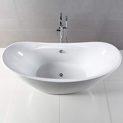 FerdY Boracay 67" Acrylic Freestanding Bathtub, Gracefully Shaped Freestanding Soaking Bathtub, Glossy White, cUPC Certified, Toe-Tap Chrome Drain & Classic Slotted Overflow Included, 02503