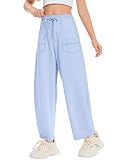 Hvididan Girls Sweatpants Wide Leg Baggy Track Pants Barrel Pants Elastic Waist Drawstring with Pockets for Kids 11-12Y Blue
