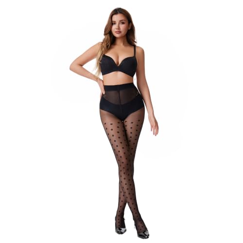 Image of Patterned Tights for Women High Waist Pantyhose Black Sheer Stockings 15D