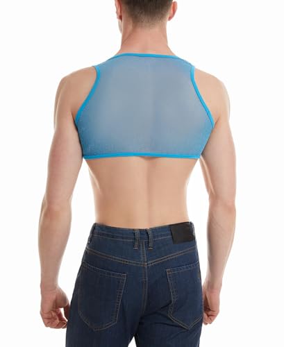 Panegy Men Shiny Sheer Half Tank Top Sleeveless Mesh Muscle Gym Crop Top Undershirt Slim Fit Short Vest 20244