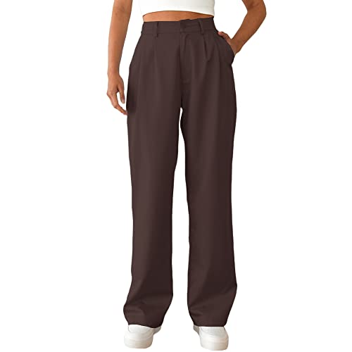 Women's Casual Straight Trousers High Waisted Button Work Office Dress Pants with Pockets (Brown,Small Short)