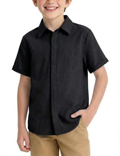 Arshiner Jungen Kurzarmhemd - Verdeckten Button-Down Shirt in Regular Fit, Bequem, Atmungsaktiv, Leicht für Sommer, Festliche, Freizeit und Schule 13-14 Jahre 160 Schwarz