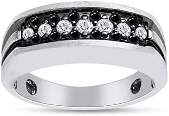 AFFY 1/2 Carat CTTW Round Cut Black And White Natural Diamond Men's Wedding Band Promise Ring In 14K White Gold Over Sterling Silver (0.50 Cttw,I2-I3 Clarity)