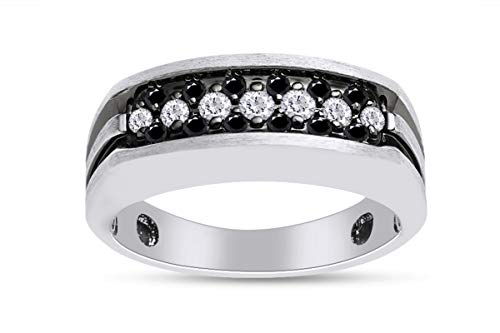 Affy 1/2 Carat Cttw Round Cut Black And White Natural Diamond Men's Wedding Band Promise Ring In 14K White Gold Over Sterling Silver (0.50 Cttw,I2-I3 Clarity) #TOP3