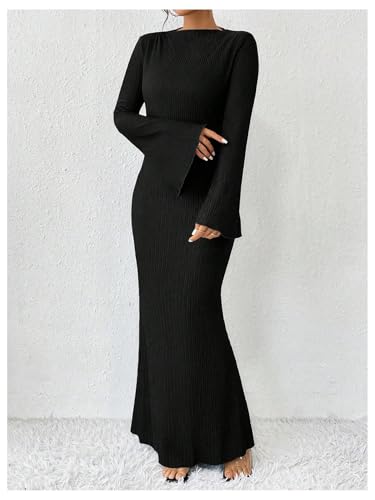 Image of GORGLITTER Women's Bell Long Sleeve Cocktail Maxi Dress Crew Neck Bodycon Fishtail Casual Long Dresses