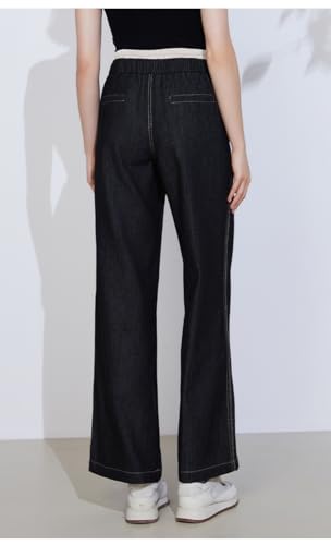 Wide Leg Denim 100% Cotton Pants, Elastic Waist with Drawstring, K2197W4