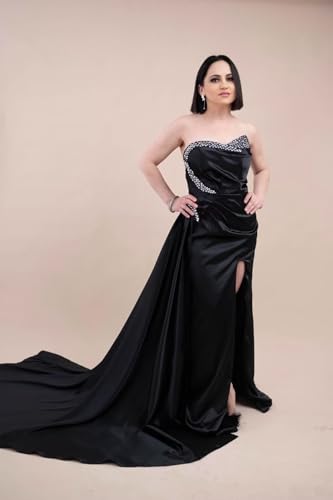 Image of HyFowerDW Royal Blue Prom Dresses 2023 Long Satin Sequin Beaded Sweetheart Slit Mermaid Formal Dresses for Women Evening Party Gowns with Train Royal Blue 4 HF132