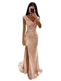 Maxianever Rose Gold Prom Dresses for Women 2025 Long Sparkly Sequin Mermaid V Neck Evening Party Gowns with Slit 2