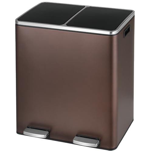 Arlopu Dual Trash Can, 2 x 8 Gallon (2 x 30 L) Hands-Free Trash and Recycle Bin Combo, Stainless Steel Kitchen Garbage Can with Soft-Close Lid, Removable Inner Buckets, Step Pedal, Airtight (Brown)
