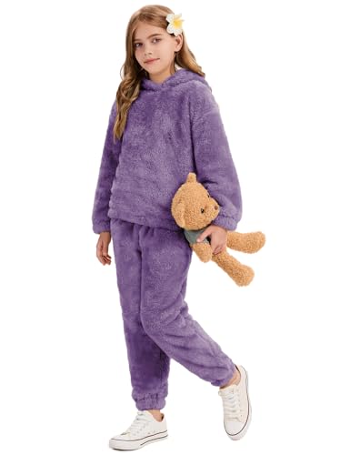 Flygo Girls Fuzzy Pants Set Crop Hoodie Bear Ear Two Piece Outfits Fluffy Sweatshirt and Fleece Pants Sweatsuit 9-10Y (Purple-M)2