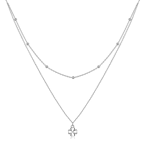 Collar de plata de ley de doble capa con diseño de trébol para mujer