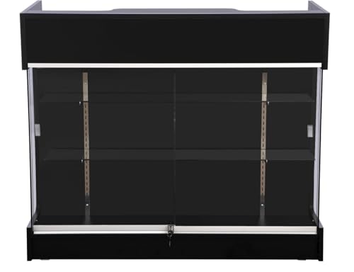 4ft Ledge Top Retail Counter with Tempered Glass Showcase – Locking Display Case, Sliding Doors, Drawers & Adjustable Shelves – Store Counter Cabinet, Black
