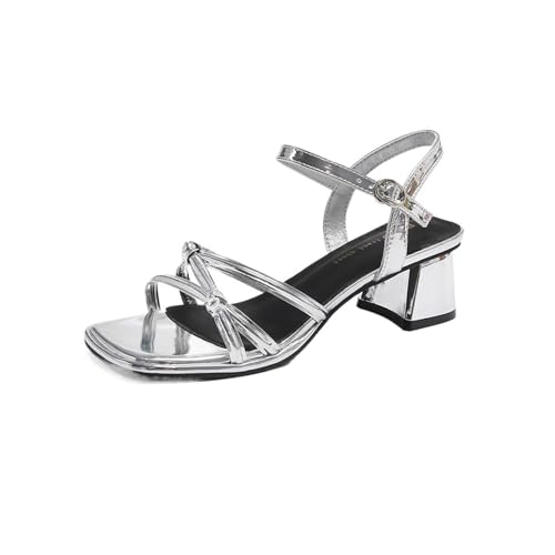 Womens Sandals Summer thick-heeled sandals for women to wear as outerwear, medium-heeled shoes with skirts, one-strap silver high heels