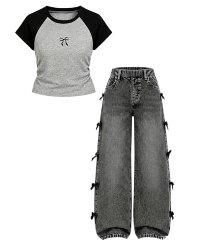 Image of Azmxynol Tween Girl Clothes Short Sleeve Top + Butterfly Design Jeans 2 Pieces Spring Summer Outfit Set, Size 6-16 Years