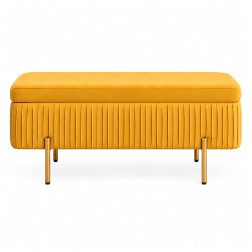 Image of Nutech Decor Velvet Upholstered Flip Top Storage Bench, 2-Seater Ottoman with Hidden Storage, Button Tufted End of Bed Bench for Bedroom, Living Room, Entryway, Hallway & Window Seating