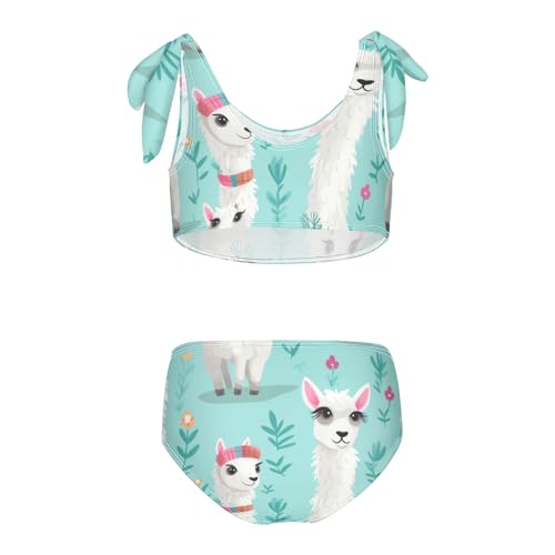 Girls' Bikini Set, White Llamas Teal Kids Swimsuit 2 Pcs Beach Bathing Suit2