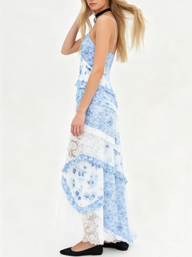 Image of Women Y2k Floral Smocked Maxi Dress Bow Tie Shoulder Tiered Ruffle Midi Sun Dress Boho Casual Beach Long Dresses