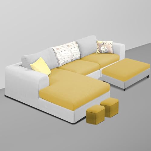 Image of Koza LHS 4 Seater L Shape Sofa Set with Center Table for Living Room (Yellow Grey Fabric) Premium Fabric Sofa
