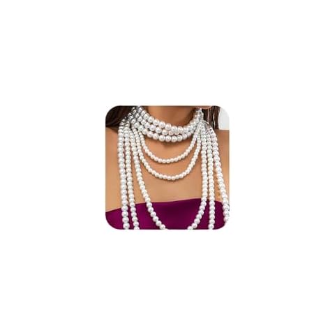 Octwine 8 Layer Boho Round Imitation Pearl Long Layered Choker Necklace Multi Strands Vintage Choker 1920s Bridal Wedding Christmas Vintage Shiny Necklace for Women (8 Tier) Cover
