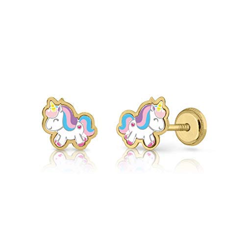 ROSA DI MANUEL Pendientes oro 18k, o 9K niña/mujer unicornio esmaltado a mano. Medida de la joya 7.5 x 8 mm. Con cierre de máxima seguridad a rosca.