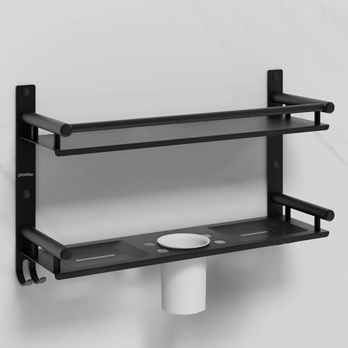 Plantex 5in1 Bathroom Organiser Without Drill/Stainless Steel Bathroom Shelf/Rack with Steel Soap Stand for Wall/Tumbler/Brush Holder/Bathroom Fittings Accessories Set (Black)