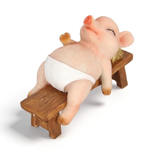Cyrank Sculpture Extérieure Drôle De Cochon Mignon, Allongé sur Un Banc, Statue De Jardin,...