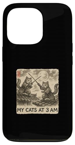 おもしろ墨絵 かわいい水墨画 日本人 私の猫 午前3時 スマホケース iPhone 13 Pro 用